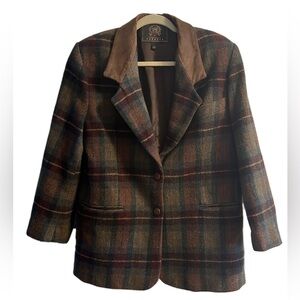 Women's vintage express wool blend plaid blazer brown faux suede collar size M
